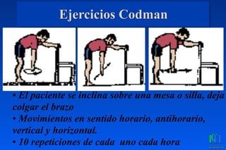 Ejercicios Codman
• El paciente se inclina sobre una mesa o silla, deja
colgar el brazo
• Movimientos en sentido horario, antihorario,
vertical y horizontal.
• 10 repeticiones de cada uno cada hora
 