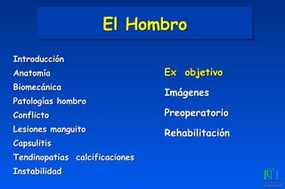 El Hombro
Introducción
Anatomía
Biomecánica
Patologías hombro
Conflicto
Lesiones manguito
Capsulitis
Tendinopatias calcificaciones
Instabilidad
Ex objetivo
Imágenes
Preoperatorio
Rehabilitación
 