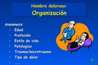 Hombro doloroso: 
Organización
Anamnesis
• Edad
• Profesión
• Estilo de vida
• Patologias
• Trauma/microtrauma
• Tipo de dolor
• …..
 