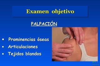 PALPACIÓN
▪ Prominencias óseas
▪ Articulaciones
▪ Tejidos blandos
Examen objetivo
 