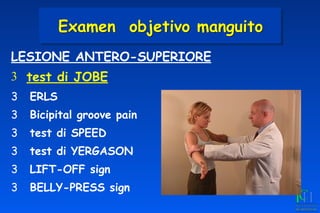 Examen objetivo manguito
-
LESIONE ANTERO-SUPERIORE
3 test di JOBE
3 ERLS
3 Bicipital groove pain
3 test di SPEED
3 test di YERGASON
3 LIFT-OFF sign
3 BELLY-PRESS sign
 