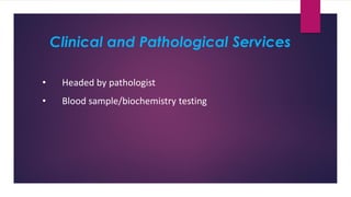 Clinical and Pathological Services
• Headed by pathologist
• Blood sample/biochemistry testing
 