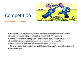 Competition
• Competition is a type of interaction between two organisms that use the
same resources, resulting in a negative impact on both organisms.
• In the context of microorganisms and humans, competition refers to the
struggle for resources, such as nutrients or space, between different
microorganisms or between microorganisms and humans.
• Here are some examples of competition relationships between humans and
microorganisms:
 
