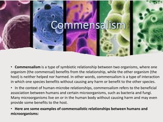 • Commensalism is a type of symbiotic relationship between two organisms, where one
organism (the commensal) benefits from the relationship, while the other organism (the
host) is neither helped nor harmed. In other words, commensalism is a type of interaction
in which one species benefits without causing any harm or benefit to the other species.
• In the context of human-microbe relationships, commensalism refers to the beneficial
association between humans and certain microorganisms, such as bacteria and fungi.
Many microorganisms live on or in the human body without causing harm and may even
provide some benefits to the host.
• Here are some examples of commensalistic relationships between humans and
microorganisms:
 