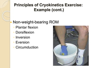 Principles of Cryokinetics Exercise:
Example (cont.)
 Non-weight-bearing ROM
◦ Plantar flexion
◦ Dorsiflexion
◦ Inversion
◦ Eversion
◦ Circumduction
 