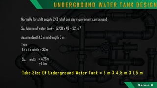 Normally for shift supply 2/3 rd of one day requirement can be used
So, Volume of water tank = (2/3) x 48 = 32 𝑚3
Assume depth 1.5 m and length 5 m
Then,
1.5 x 5 x width = 32m
Take Size Of Underground Water Tank = 5 m X 4.5 m X 1.5 m
So, width = 4.26m
≈4.5m
Group B
 