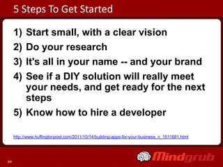 5 Steps To Get Started

     1) Start small, with a clear vision
     2) Do your research
     3) It's all in your name -- and your brand
     4) See if a DIY solution will really meet
        your needs, and get ready for the next
        steps
     5) Know how to hire a developer

     http://www.huffingtonpost.com/2011/10/14/building-apps-for-your-business_n_1011681.html




69
 