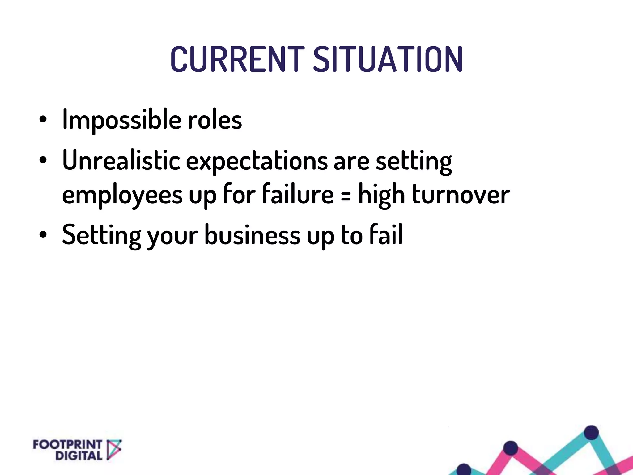 CURRENT SITUATION
• Impossible roles
• Unrealistic expectations are setting
employees up for failure = high turnover
• Setting your business up to fail
 