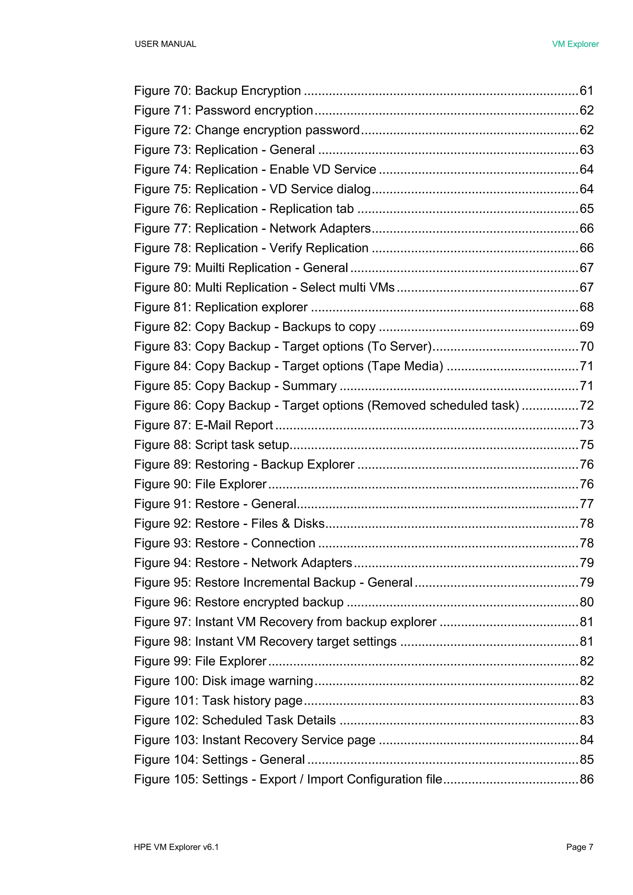 USER MANUAL VM Explorer
HPE VM Explorer v6.1 Page 7
Figure 70: Backup Encryption .............................................................................61
Figure 71: Password encryption..........................................................................62
Figure 72: Change encryption password.............................................................62
Figure 73: Replication - General .........................................................................63
Figure 74: Replication - Enable VD Service ........................................................64
Figure 75: Replication - VD Service dialog..........................................................64
Figure 76: Replication - Replication tab ..............................................................65
Figure 77: Replication - Network Adapters..........................................................66
Figure 78: Replication - Verify Replication ..........................................................66
Figure 79: Muilti Replication - General ................................................................67
Figure 80: Multi Replication - Select multi VMs...................................................67
Figure 81: Replication explorer ...........................................................................68
Figure 82: Copy Backup - Backups to copy ........................................................69
Figure 83: Copy Backup - Target options (To Server).........................................70
Figure 84: Copy Backup - Target options (Tape Media) .....................................71
Figure 85: Copy Backup - Summary ...................................................................71
Figure 86: Copy Backup - Target options (Removed scheduled task) ................72
Figure 87: E-Mail Report .....................................................................................73
Figure 88: Script task setup.................................................................................75
Figure 89: Restoring - Backup Explorer ..............................................................76
Figure 90: File Explorer.......................................................................................76
Figure 91: Restore - General...............................................................................77
Figure 92: Restore - Files & Disks.......................................................................78
Figure 93: Restore - Connection .........................................................................78
Figure 94: Restore - Network Adapters...............................................................79
Figure 95: Restore Incremental Backup - General..............................................79
Figure 96: Restore encrypted backup .................................................................80
Figure 97: Instant VM Recovery from backup explorer .......................................81
Figure 98: Instant VM Recovery target settings ..................................................81
Figure 99: File Explorer.......................................................................................82
Figure 100: Disk image warning..........................................................................82
Figure 101: Task history page.............................................................................83
Figure 102: Scheduled Task Details ...................................................................83
Figure 103: Instant Recovery Service page ........................................................84
Figure 104: Settings - General ............................................................................85
Figure 105: Settings - Export / Import Configuration file......................................86
 