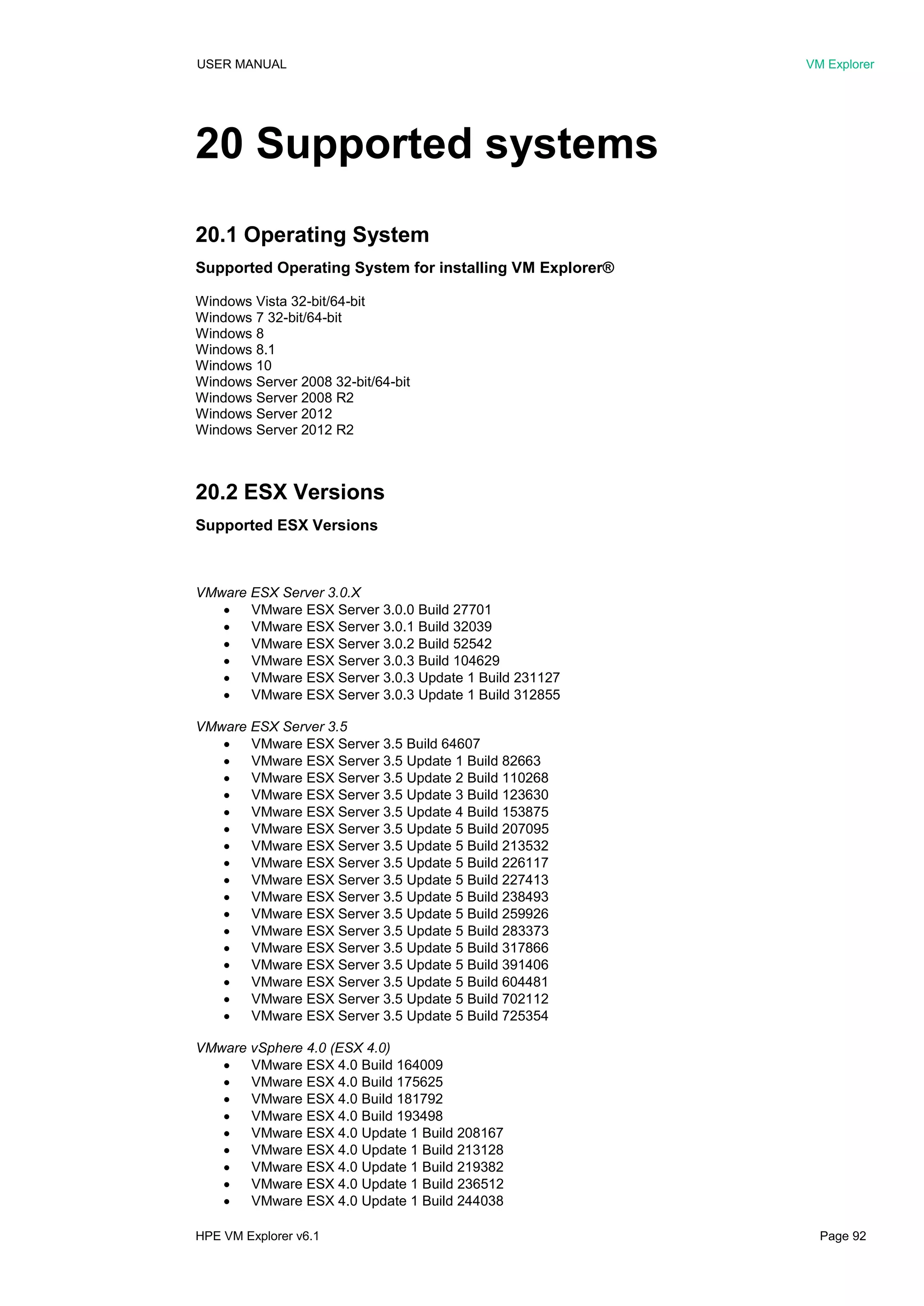 USER MANUAL VM Explorer
HPE VM Explorer v6.1 Page 92
20 Supported systems
20.1 Operating System
Supported Operating System for installing VM Explorer®
Windows Vista 32-bit/64-bit
Windows 7 32-bit/64-bit
Windows 8
Windows 8.1
Windows 10
Windows Server 2008 32-bit/64-bit
Windows Server 2008 R2
Windows Server 2012
Windows Server 2012 R2
20.2 ESX Versions
Supported ESX Versions
VMware ESX Server 3.0.X
 VMware ESX Server 3.0.0 Build 27701
 VMware ESX Server 3.0.1 Build 32039
 VMware ESX Server 3.0.2 Build 52542
 VMware ESX Server 3.0.3 Build 104629
 VMware ESX Server 3.0.3 Update 1 Build 231127
 VMware ESX Server 3.0.3 Update 1 Build 312855
VMware ESX Server 3.5
 VMware ESX Server 3.5 Build 64607
 VMware ESX Server 3.5 Update 1 Build 82663
 VMware ESX Server 3.5 Update 2 Build 110268
 VMware ESX Server 3.5 Update 3 Build 123630
 VMware ESX Server 3.5 Update 4 Build 153875
 VMware ESX Server 3.5 Update 5 Build 207095
 VMware ESX Server 3.5 Update 5 Build 213532
 VMware ESX Server 3.5 Update 5 Build 226117
 VMware ESX Server 3.5 Update 5 Build 227413
 VMware ESX Server 3.5 Update 5 Build 238493
 VMware ESX Server 3.5 Update 5 Build 259926
 VMware ESX Server 3.5 Update 5 Build 283373
 VMware ESX Server 3.5 Update 5 Build 317866
 VMware ESX Server 3.5 Update 5 Build 391406
 VMware ESX Server 3.5 Update 5 Build 604481
 VMware ESX Server 3.5 Update 5 Build 702112
 VMware ESX Server 3.5 Update 5 Build 725354
VMware vSphere 4.0 (ESX 4.0)
 VMware ESX 4.0 Build 164009
 VMware ESX 4.0 Build 175625
 VMware ESX 4.0 Build 181792
 VMware ESX 4.0 Build 193498
 VMware ESX 4.0 Update 1 Build 208167
 VMware ESX 4.0 Update 1 Build 213128
 VMware ESX 4.0 Update 1 Build 219382
 VMware ESX 4.0 Update 1 Build 236512
 VMware ESX 4.0 Update 1 Build 244038
 