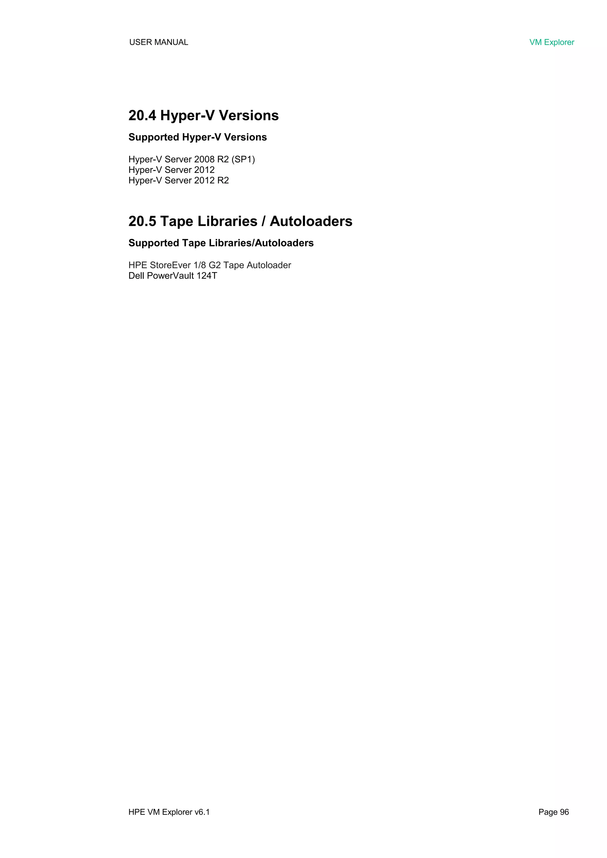 USER MANUAL VM Explorer
HPE VM Explorer v6.1 Page 96
20.4 Hyper-V Versions
Supported Hyper-V Versions
Hyper-V Server 2008 R2 (SP1)
Hyper-V Server 2012
Hyper-V Server 2012 R2
20.5 Tape Libraries / Autoloaders
Supported Tape Libraries/Autoloaders
HPE StoreEver 1/8 G2 Tape Autoloader
Dell PowerVault 124T
 