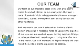 OUR TEAM
Our team, as our imperative asset, works with great zeal to
realize the mutual interests or our organization. Our team is
made of professionals including professional trainers, managers,
consultants, business development staff, quality auditor and
other workforces.
Each member in our team is selected on the basis of their
domain knowledge in respective fields. To upgrade the expertise
of our team we also conduct regular training exercises. It helps
us to be paralleled with new changes occurring time after time
in the market. Our team members are highly efficient and unde
rstand the needs of clients as precisely as possible.
 
