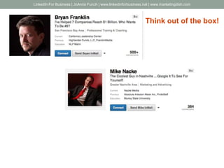 Think out of the box!
LinkedIn For Business | JoAnne Funch | www.linkedinforbusiness.net | www.marketingdish.com
 