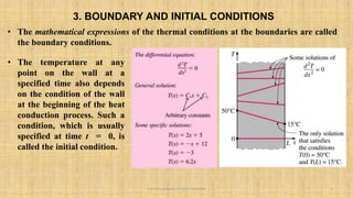 Prof. Pramod Maurya AP, SCOE, KHARGHAR
3. BOUNDARY AND INITIAL CONDITIONS
6
• The mathematical expressions of the thermal conditions at the boundaries are called
the boundary conditions.
• The temperature at any
point on the wall at a
specified time also depends
on the condition of the wall
at the beginning of the heat
conduction process. Such a
condition, which is usually
specified at time t = 0, is
called the initial condition.
 