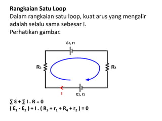 Rangkaian Satu Loop
Dalam rangkaian satu loop, kuat arus yang mengalir
adalah selalu sama sebesar I.
Perhatikan gambar.
∑ Ԑ + ∑ I . R = 0
( Ԑ1 - Ԑ2 ) + I . ( R3 + r1 + R4 + r2 ) = 0
 