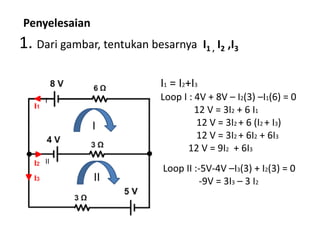 Penyelesaian
1. Dari gambar, tentukan besarnya I1 , I2 ,I3
I
II
I1 = I2+I3
Loop I : 4V + 8V – I2(3) –I1(6) = 0
12 V = 3I2 + 6 I1
12 V = 3I2 + 6 (I2 + I3)
12 V = 3I2 + 6I2 + 6I3
12 V = 9I2 + 6I3
Loop II :-5V-4V –I3(3) + I2(3) = 0
-9V = 3I3 – 3 I2
I
II
 