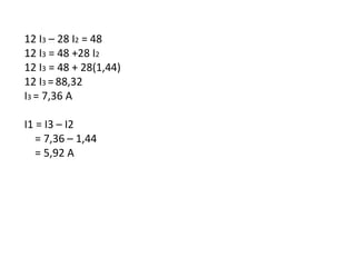 12 I3 – 28 I2 = 48
12 I3 = 48 +28 I2
12 I3 = 48 + 28(1,44)
12 I3 = 88,32
I3 = 7,36 A
I1 = I3 – I2
= 7,36 – 1,44
= 5,92 A
 