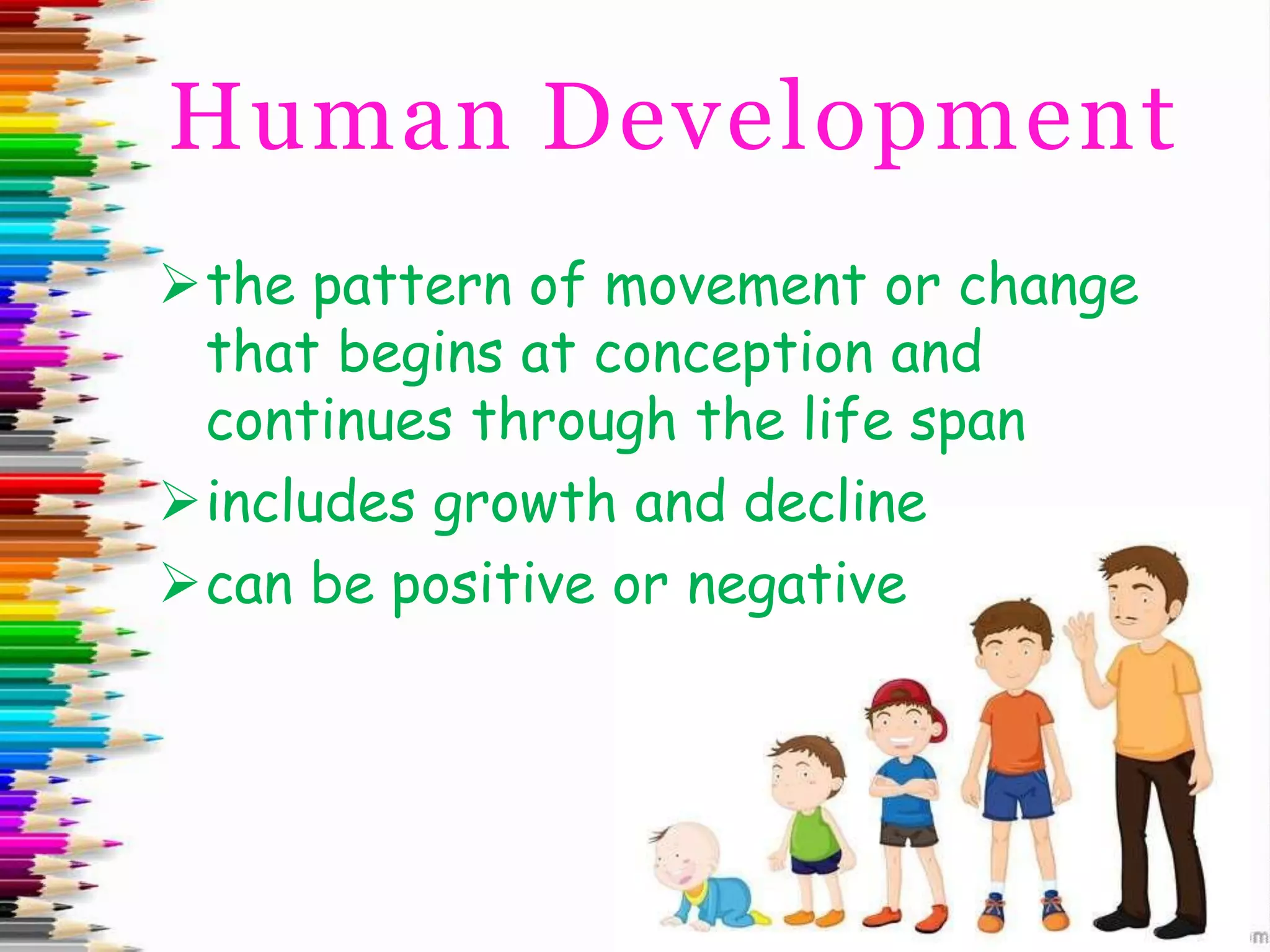Human Development
➢the pattern of movement or change
that begins at conception and
continues through the life span
➢includes growth and decline
➢can be positive or negative
 