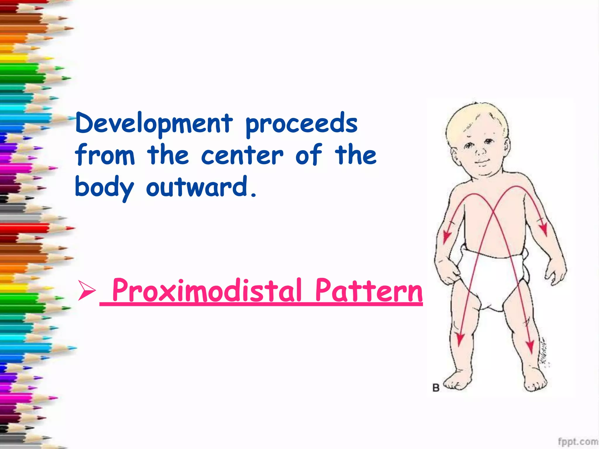 Development proceeds
from the center of the
body outward.
➢ Proximodistal Pattern
 
