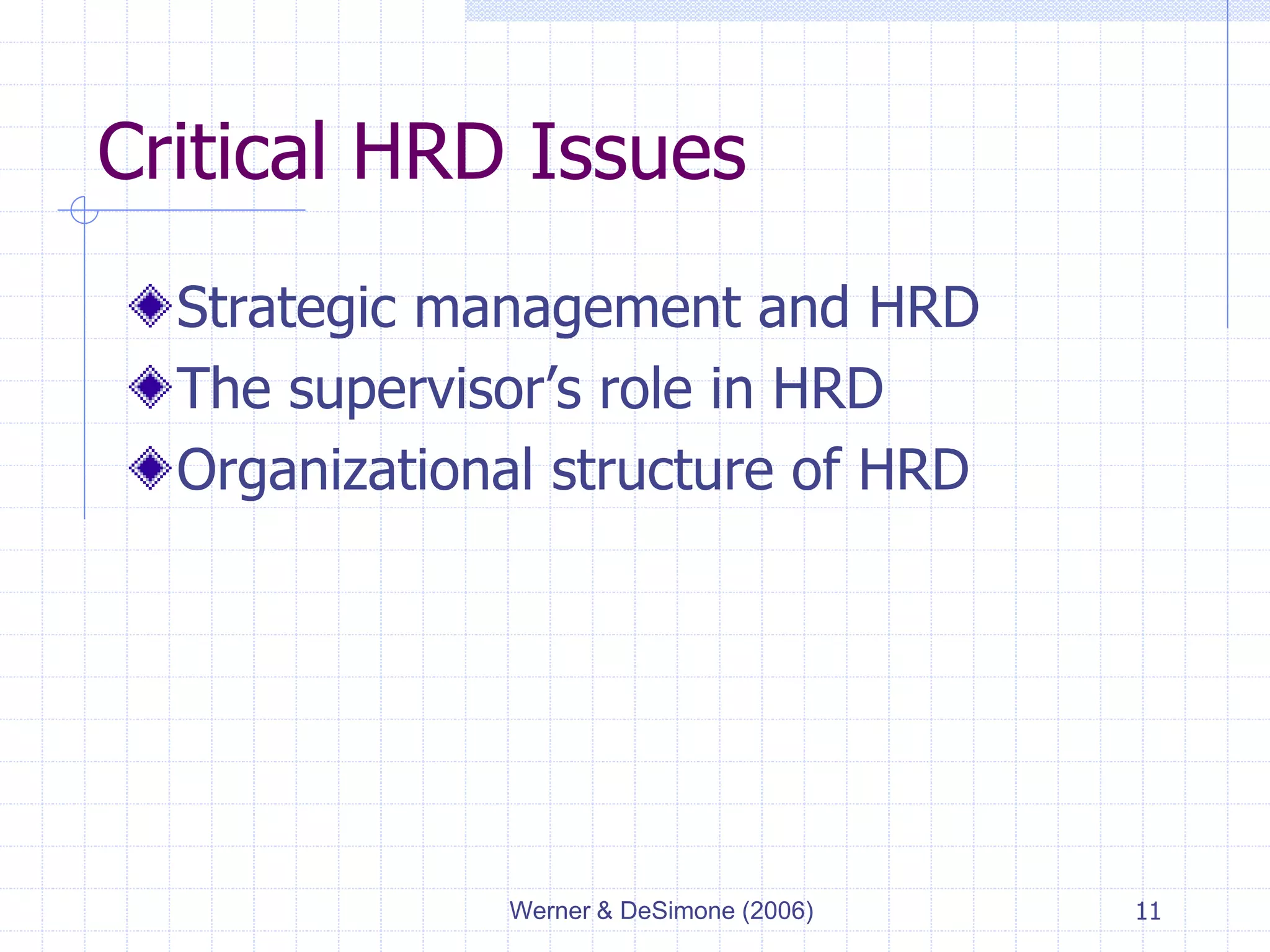 Werner & DeSimone (2006) 11
Critical HRD Issues
Strategic management and HRD
The supervisor’s role in HRD
Organizational structure of HRD
 