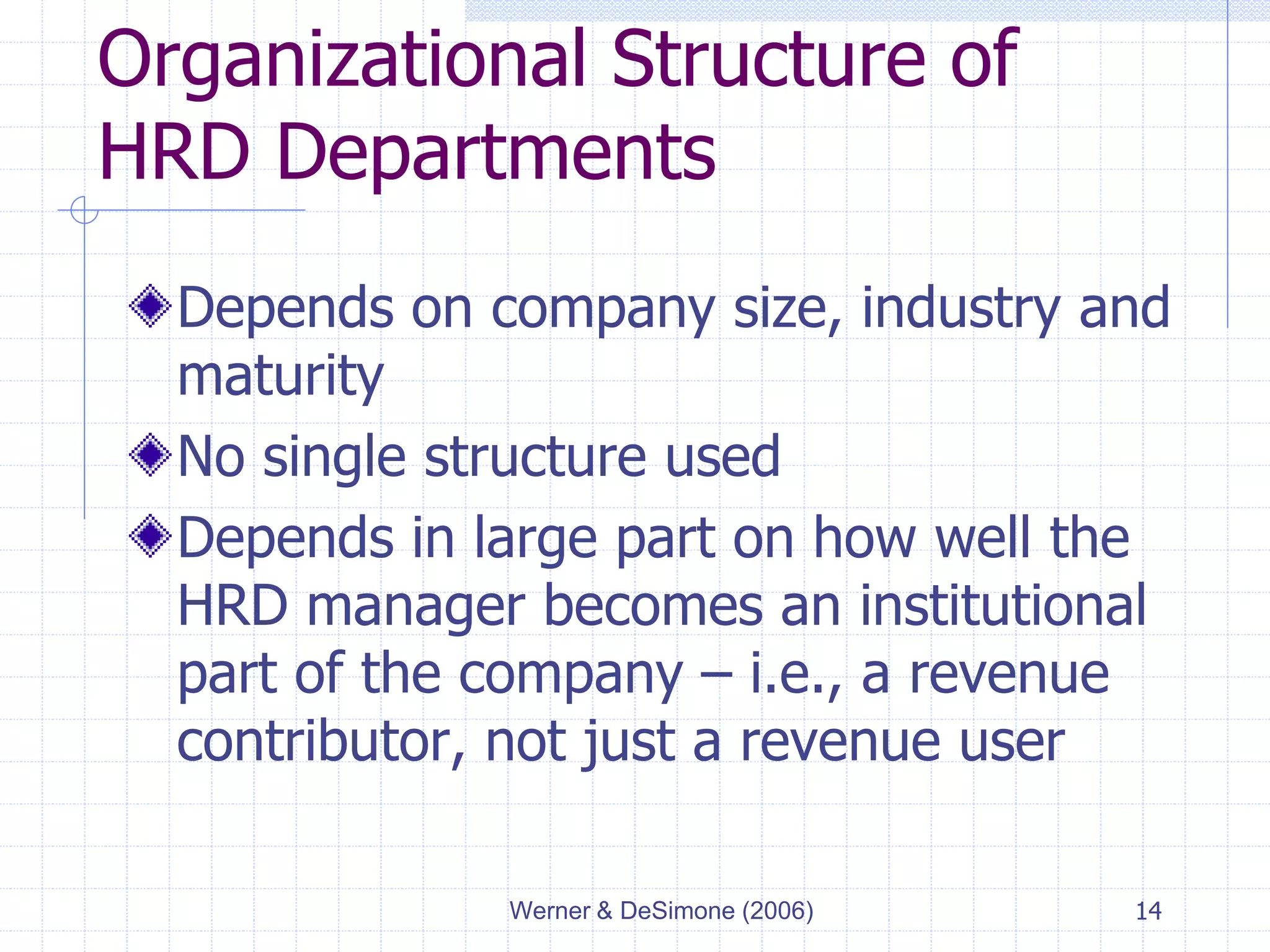 Werner & DeSimone (2006) 14
Organizational Structure of
HRD Departments
Depends on company size, industry and
maturity
No single structure used
Depends in large part on how well the
HRD manager becomes an institutional
part of the company – i.e., a revenue
contributor, not just a revenue user
 