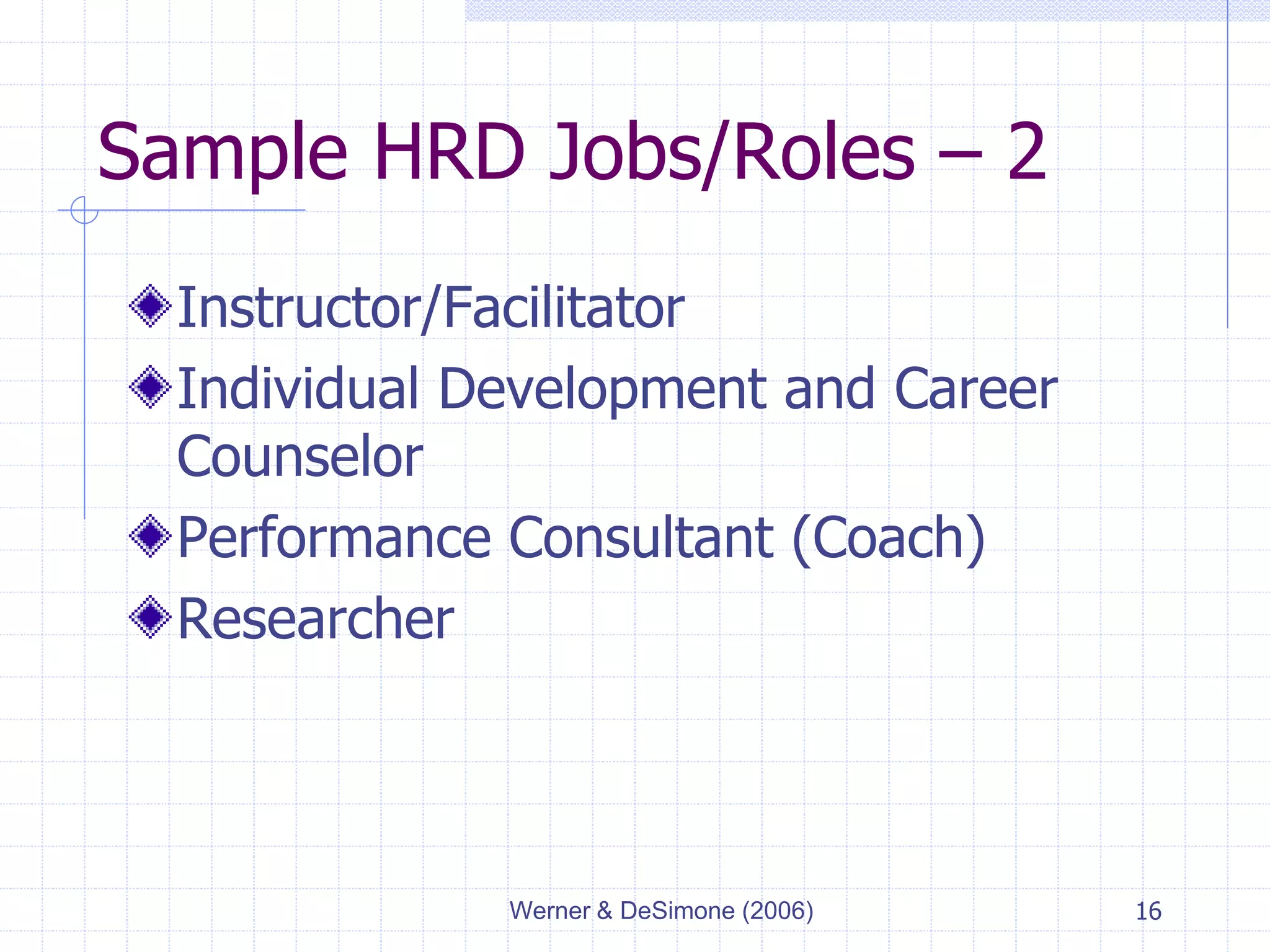 Werner & DeSimone (2006) 16
Sample HRD Jobs/Roles – 2
Instructor/Facilitator
Individual Development and Career
Counselor
Performance Consultant (Coach)
Researcher
 