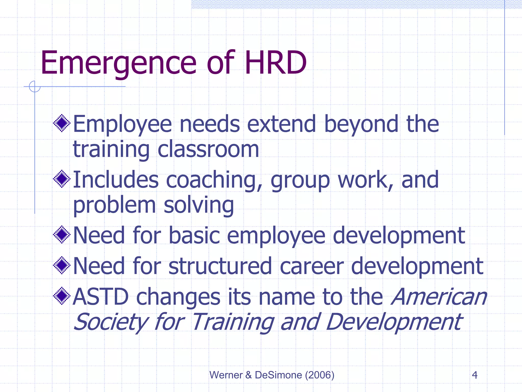 Werner & DeSimone (2006) 4
Emergence of HRD
Employee needs extend beyond the
training classroom
Includes coaching, group work, and
problem solving
Need for basic employee development
Need for structured career development
ASTD changes its name to the American
Society for Training and Development
 