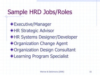 Werner & DeSimone (2006) 15
Sample HRD Jobs/Roles
Executive/Manager
HR Strategic Advisor
HR Systems Designer/Developer
Organization Change Agent
Organization Design Consultant
Learning Program Specialist
 