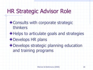 Werner & DeSimone (2006) 18
HR Strategic Advisor Role
Consults with corporate strategic
thinkers
Helps to articulate goals and strategies
Develops HR plans
Develops strategic planning education
and training programs
 
