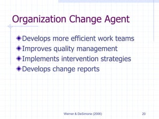 Werner & DeSimone (2006) 20
Organization Change Agent
Develops more efficient work teams
Improves quality management
Implements intervention strategies
Develops change reports
 