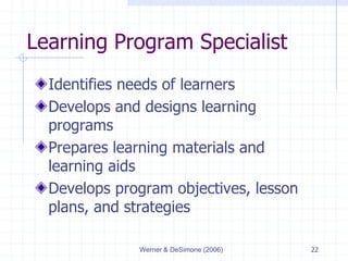 Werner & DeSimone (2006) 22
Learning Program Specialist
Identifies needs of learners
Develops and designs learning
programs
Prepares learning materials and
learning aids
Develops program objectives, lesson
plans, and strategies
 