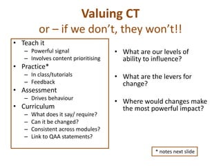 Valuing CT
or – if we don’t, they won’t!!
• Teach it
– Powerful signal
– Involves content prioritising
• Practice*
– In class/tutorials
– Feedback
• Assessment
– Drives behaviour
• Curriculum
– What does it say/ require?
– Can it be changed?
– Consistent across modules?
– Link to QAA statements?
• What are our levels of
ability to influence?
• What are the levers for
change?
• Where would changes make
the most powerful impact?
* notes next slide
 