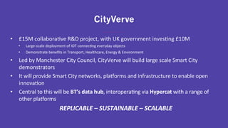 •  £15M	collabora9ve	R&D	project,	with	UK	government	inves9ng	£10M	
•  Large-scale	deployment	of	IOT	connec9ng	everyday	objects	
•  Demonstrate	beneﬁts	in	Transport,	Healthcare,	Energy	&	Environment	
•  Led	by	Manchester	City	Council,	CityVerve	will	build	large	scale	Smart	City	
demonstrators		
•  It	will	provide	Smart	City	networks,	plaaorms	and	infrastructure	to	enable	open	
innova9on	
•  Central	to	this	will	be	BT’s	data	hub,	interopera9ng	via	Hypercat	with	a	range	of	
other	plaaorms	
REPLICABLE	–	SUSTAINABLE	–	SCALABLE		
CityVerve
 