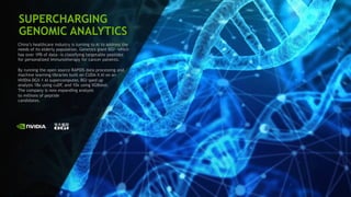 20
SUPERCHARGING
GENOMIC ANALYTICS
China’s healthcare industry is turning to AI to address the
needs of its elderly population. Genetics giant BGI—which
has over 1PB of data—is classifying targetable peptides
for personalized immunotherapy for cancer patients.
By running the open source RAPIDS data processing and
machine learning libraries built on CUDA-X AI on an
NVIDIA DGX-1 AI supercomputer, BGI sped up
analysis 18x using cuDF, and 10x using XGBoost.
The company is now expanding analysis
to millions of peptide
candidates.
 