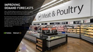 21
With >100,000 different products in its 4,700 U.S. stores,
the Walmart Labs data science team predicts demand for
500 million item-by-store combinations every week.
By performing forecasting with the open-source RAPIDS
data processing and machine learning libraries built
on CUDA-X AI on NVIDIA GPUs, Walmart speeds
up feature engineering 100x and trains machine
learning algorithms 20x faster, resulting in faster
delivery of products, real-time reaction to
shopper trends, and inventory cost
savings at scale.
IMPROVING
DEMAND FORECASTS
 