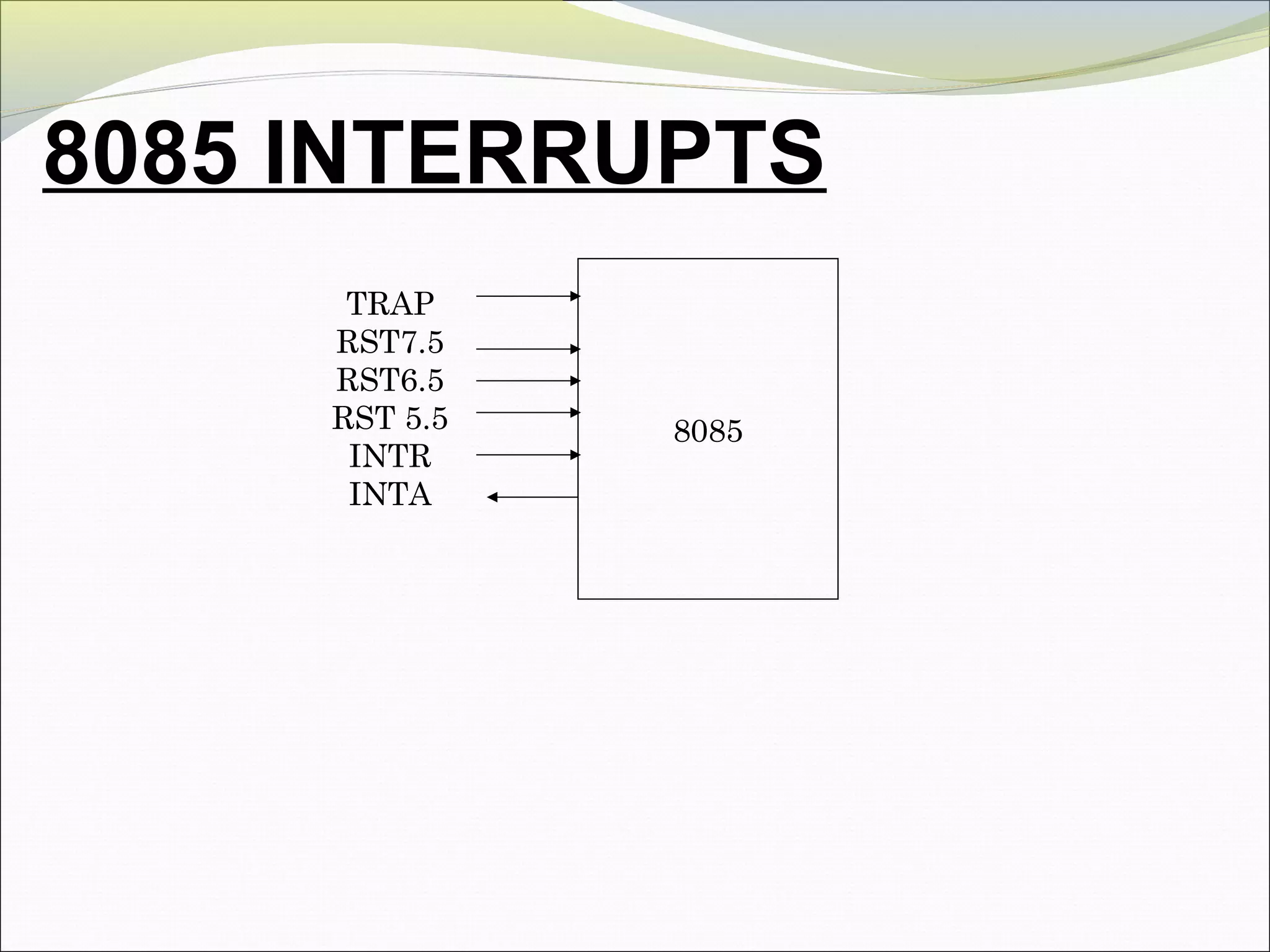 8085 INTERRUPTS
TRAP
RST7.5
RST6.5
RST 5.5
INTR
INTA
8085
 
