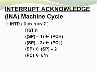 INTERRUPT ACKNOWLEDGE
(INA) Machine Cycle
INTR ( 0 =< n =< 7 )
RST n
((SP) – 1)  (PCH)
((SP) – 2)  (PCL)
(SP)  (SP) – 2
(PC)  8*n
 