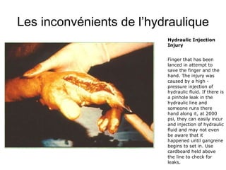 Les inconvénients de l’hydraulique Hydraulic Injection Injury Finger that has been lanced in attempt to save the finger and the hand. The injury was caused by a high - pressure injection of hydraulic fluid. If there is a pinhole leak in the hydraulic line and someone runs there hand along it, at 2000 psi, they can easily incur and injection of hydraulic fluid and may not even be aware that it happened until gangrene begins to set in. Use cardboard held above the line to check for leaks. 