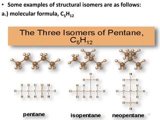 17
• Some examples of structural isomers are as follows:
a.) molecular formula, C5H12
 