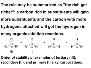 The rule may be summarized as "the rich get
richer": a carbon rich in substituents will gain
more substituents and the carbon with more
hydrogens attached will get the hydrogen in
many organic addition reactions.
Order of stability of examples of tertiary (III),
secondary (II), and primary (I) alkyl carbocations.
 