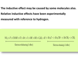 The inductive effect may be caused by some molecules also.
Relative inductive effects have been experimentally
measured with reference to hydrogen.
 