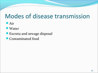 Modes of disease transmission
Air
Water
Excreta and sewage disposal
Contaminated food
23
 