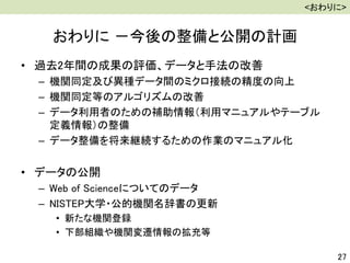 おわりに －今後の整備と公開の計画
• 過去2年間の成果の評価、データと手法の改善
– 機関同定及び異種データ間のミクロ接続の精度の向上
– 機関同定等のアルゴリズムの改善
– データ利用者のための補助情報（利用マニュアルやテーブル
定義情報）の整備
– データ整備を将来継続するための作業のマニュアル化
• データの公開
– Web of Scienceについてのデータ
– NISTEP大学・公的機関名辞書の更新
• 新たな機関登録
• 下部組織や機関変遷情報の拡充等
27
<おわりに>
 