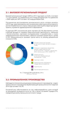 9
МОСКВА: ЭКОНОМИЧЕСКОЕ ОБОЗРЕНИЕ (I КВАРТАЛ 2014 ГОДА)
3.1. ВАЛОВОЙ РЕГИОНАЛЬНЫЙ ПРОДУКТ
Валовой региональный продукт (ВРП) в 2013 году вырос на 0,2% и составил
11,2 трлн рублей, что эквивалентно 351,0 млрд долларов США. По сравнению
с 2008 годом рост ВРП составил 18,5 млрд долларов США.
Посткризисное восстановление экономического роста, которое началось
в 2010 году, характеризовалось восстановлением инвестиционной активности,
ростом потребительского спроса, повышением инвестиций в инфраструктурные
проекты, в развитие здравоохранения и образования.
В структуре ВРП значительная доля торговли (32,1%) обусловлена учетом
в Москве доходов от продажи энергоносителей. Деятельность, связанная
с  бизнес-услугами, научными исследованиями и  разработками, а  также
информационными технологиями, стабильно занимает второе место с долей
21,5%. Промышленность занимает третье место по  объему добавленной
стоимости (16%).
Оптовая и розничная торговля
(в том числе оптовая торговля топливом –
10,9%)
Здравоохранение, образование,
государственное управление
Операции с недвижимым имуществом,
аренда и предоставление услуг
(в том числе 8,1% – операции с имуществом,
8,7% – бизнес-услуги, 4,7% – НИОКР + IT)
Строительство
Промышленность
(в том числе обрабатывающие
производства – 12,5%)
Прочие виды деятельности
Транспорт и связь
32,1%
21,5%
16,0%
10,9%
10,7%
3,9%
4,9%
Рис. 2. Структура ВРП города Москвы, 2012 г.
Источник: Росстат
3.2. ПРОМЫШЛЕННОЕ ПРОИЗВОДСТВО
Наблюдается положительная динамика промышленного производства – индекс
промышленного производства обрабатывающей промышленности в I квартале
2014 года составил 102,7%.
Основной рост обеспечивается за счет нефтепереработки, доля которой
за прошедший год выросла почти на 13% и сейчас составляет порядка 61%,
определяя динамику промышленности всего города.
 