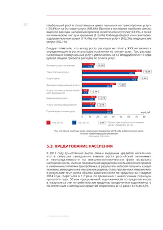 32
5. СОЦИАЛЬНОЕ РАЗВИТИЕ
Наибольший рост в сопоставимых ценах пришелся на транспортные услуги
(105,8%) и на бытовые услуги (105,6%). Причем в последних наиболее сильно
выросли расходы на парикмахерские и косметические услуги (143,5%), а также
на химическую чистку и крашение (119,4%). Наблюдался рост и на санаторно-
оздоровительные услуги (114,4%), гостиничные услуги (102,3%), медицинские
услуги (102,1%).
Следует отметить, что вклад роста расходов на оплату ЖКУ не является
определяющим в росте расходов населения на оплату услуг. Так, расходы
на жилищно-коммунальные услуги увеличились на 4,9 млрд рублей из 19 млрд
рублей общего прироста расходов по оплате услуг.
Бытовые услуги населению
Транспортные услуги
Услуги связи
Жилищно-коммунальные услуги
Медицинские услуги
Услуги гостиниц и аналогичных
мест размещения
Услуги системы образования
Прочие виды платных услуг
16,4
14,9
76,8
68,2
72,1
71,3
43,7
38,8
8,4
7,9
18,5
16,4
+5,5%
+5,8%
-0,9%
+3,0%
+2,3%
-5,1%
0,0%
+2,1%
17,4
16,7
39,2
39,4
I кв. 2014 г. I кв. 2013 г.
0 8040
млрд руб.
20 60 70503010
Прирост расходов в сопоставимых
ценах к I кварталу 2013 г.
Рис. 34. Объем платных услуг населению в I квартале 2014 года в фактических ценах
по всем хозяйствующим субъектам
Источник: Росстат
5.3. КРЕДИТОВАНИЕ НАСЕЛЕНИЯ
В  2013 году существенно вырос объем выданных кредитов населению,
что  в  ситуации замедления темпов роста российской экономики
и  неопределенности на  внешнеэкономическом фоне вызывало
настороженность. Именно такая высокая закредитованность населения привела
к изменению политики Центробанка, в результате которой получить кредит
человеку, имеющему уже несколько кредитов, стало практически невозможно.
В результате темп роста объема задолженности по кредитам за I квартал
2014  года сократился в  1,7 раза по  сравнению с  аналогичным периодом
прошлого года. Объем просроченной задолженности по кредитам вырос
в I квартале за счет потребительских кредитов, просроченная задолженность
по ипотечным и жилищным кредитам сократилась в 1,6 раза с 4,1% до 2,6%.
 