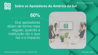 Sobre os Apoiadores da América do Sul
60%
Dos apoiadores
doam de forma mais
regular, quando a
instituição diz o que
faz e ...