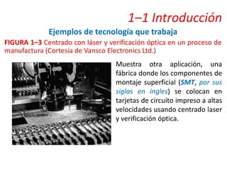 1–1 Introducción
Ejemplos de tecnología que trabaja
FIGURA 1–3 Centrado con láser y verificación óptica en un proceso de
manufactura (Cortesia de Vansco Electronics Ltd.)
Muestra otra aplicación, una
fábrica donde los componentes de
montaje superficial (SMT, por sus
siglas en ingles) se colocan en
tarjetas de circuito impreso a altas
velocidades usando centrado laser
y verificación óptica.
 