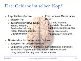 Januar 2008 ©2008 Matthias Bohlen, http://www.mbohlen.de/ 15
Drei Gehirne im selben Kopf
 Reptilisches Gehirn
 ältester Teil
 zuständig für Bewegung,
Jagen, Pflegen,
Revierabsteckung,
Riten, Paarungsdrang,
Gewohnheiten
 Emotionales Mammalia-
Gehirn
 Lachen, Weinen,
Spieltrieb, Sexualität,
Euphorie, Depressionen
 Gedächtnisinhalte
müssen hier hindurch!
 Denkendes Neomammalia-Gehirn
 Jüngster Teil unseres Gehirns
 Logisches Denken, Phantasie, Schöpfergeist, Fähigkeit
zu Schlussfolgerungen und neuen Erkenntnissen,
Langzeitspeicherung von Informationen
 