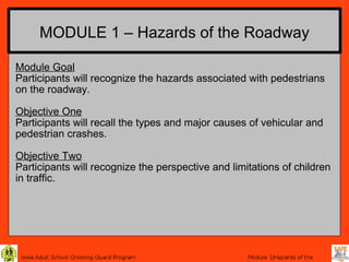 MODULE 1 – Hazards of the Roadway Module Goal Participants will recognize the hazards associated with pedestrians on the roadway. Objective One Participants will recall the types and major causes of vehicular and pedestrian crashes.  Objective Two Participants will recognize the perspective and limitations of children in traffic. 