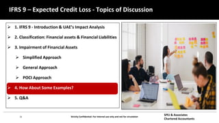 21 Strictly Confidential: For internal use only and not for circulation
SPEJ & Associates
Chartered Accountants
IFRS 9 – Expected Credit Loss - Topics of Discussion
 1. IFRS 9 - Introduction & UAE’s Impact Analysis
 2. Classification: Financial assets & Financial Liabilities
 3. Impairment of Financial Assets
 Simplified Approach
 General Approach
 POCI Approach
 4. How About Some Examples?
 5. Q&A
 